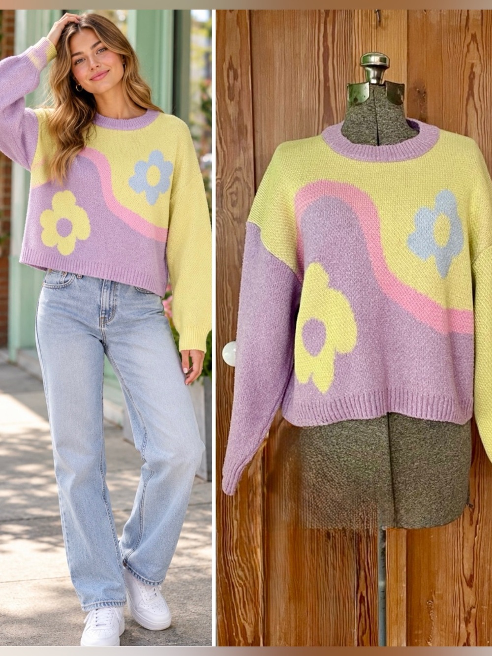 Zara Pastel Colorblock Floral Knit Sweater, Cropped, Size M 💕🎀